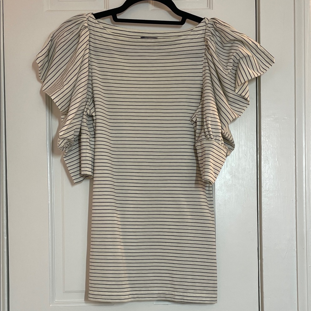 Rugby, Ralph Lauren, Cream & Black Striped Flutter Sleeve Top, Size Medium